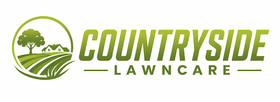 Countryside Lawncare logo with green tree, field, and bold green text on white background