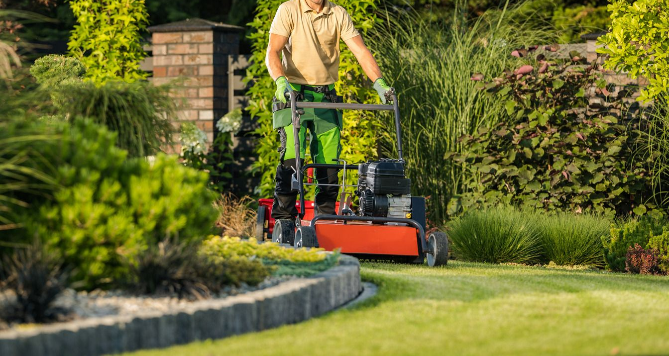 Person mowing a lush green lawn with a red mower in a landscaped garden