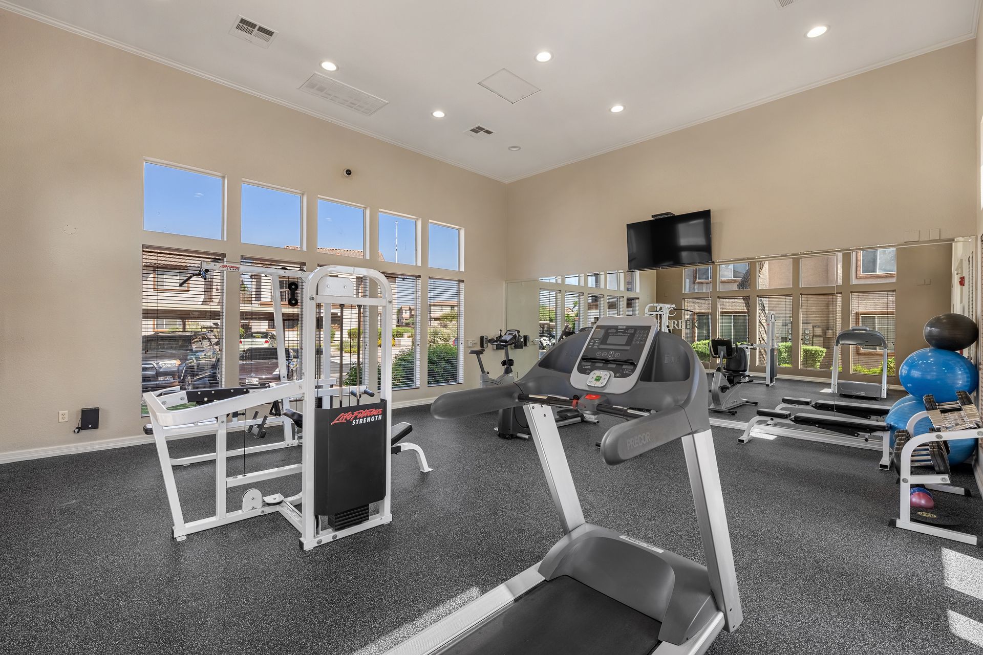 Bright gym with cardio machines, free weights, and large windows under high ceilings