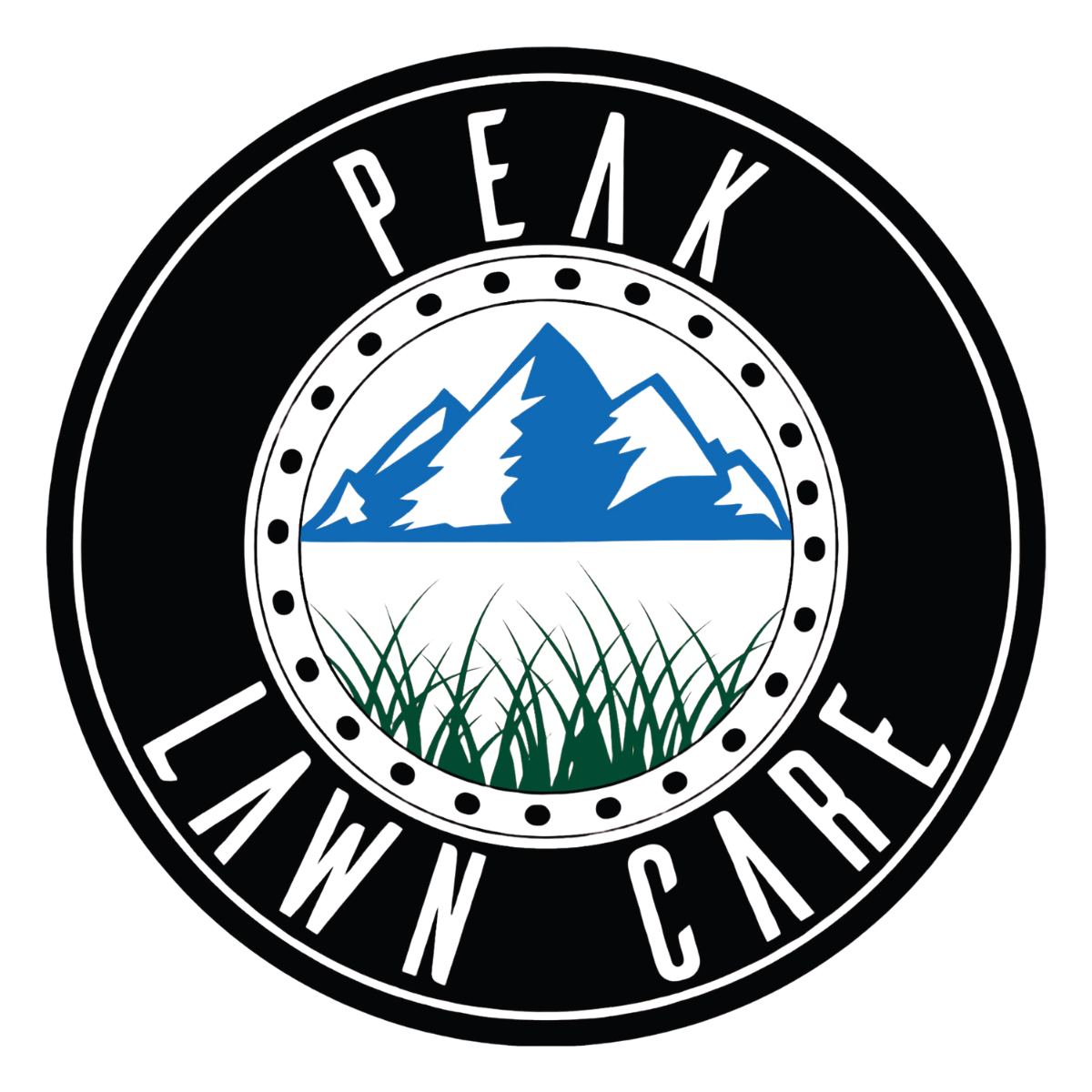 Circular logo with blue mountains above green grass, text reads 