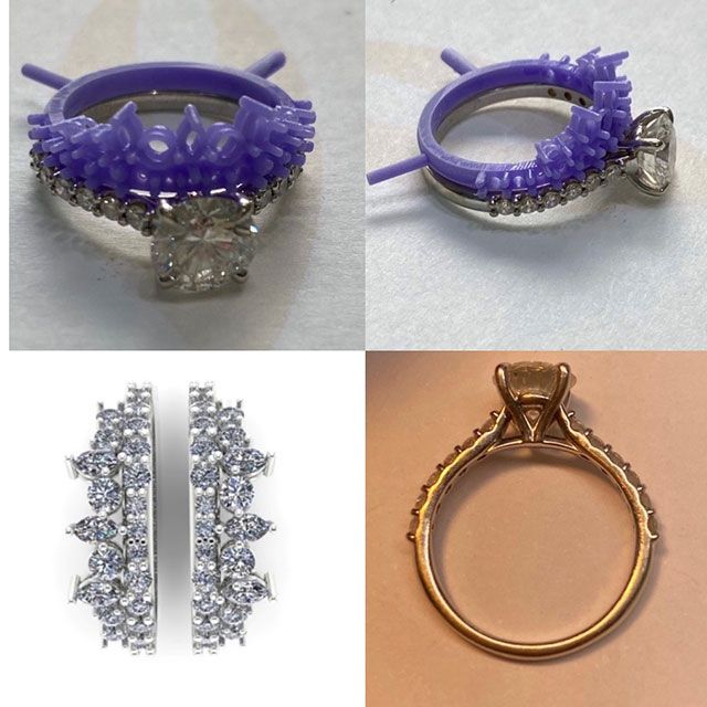Purple crystal ring setting shown from side and top, plus two silver pave ring bands and a gold engagement ring mount