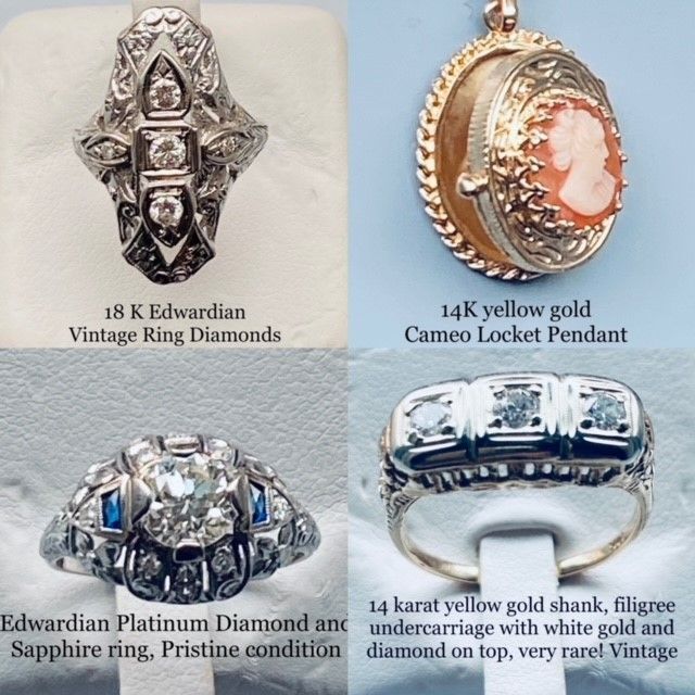 Four antique jewelry pieces: two diamond rings, a cameo locket pendant, and a sapphire diamond ring with labels.
