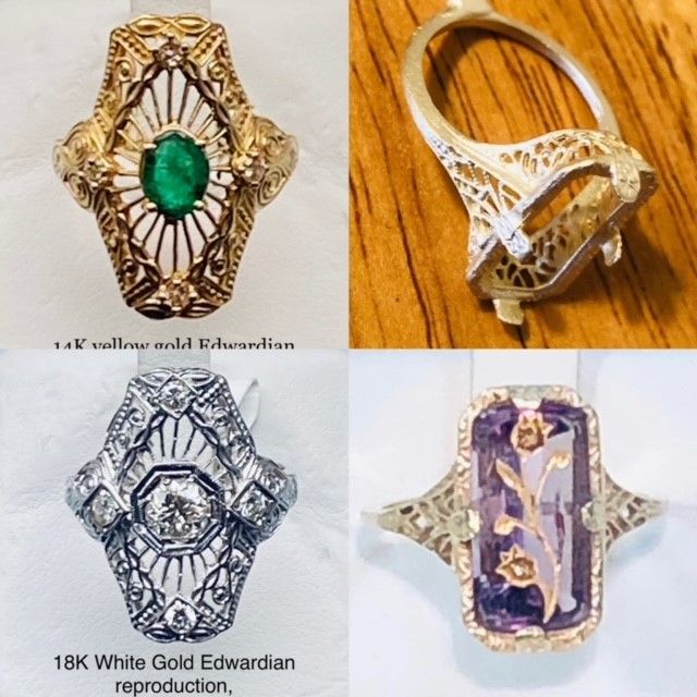 Four views of a vintage filigree ring with oval gemstone in yellow and white gold settings