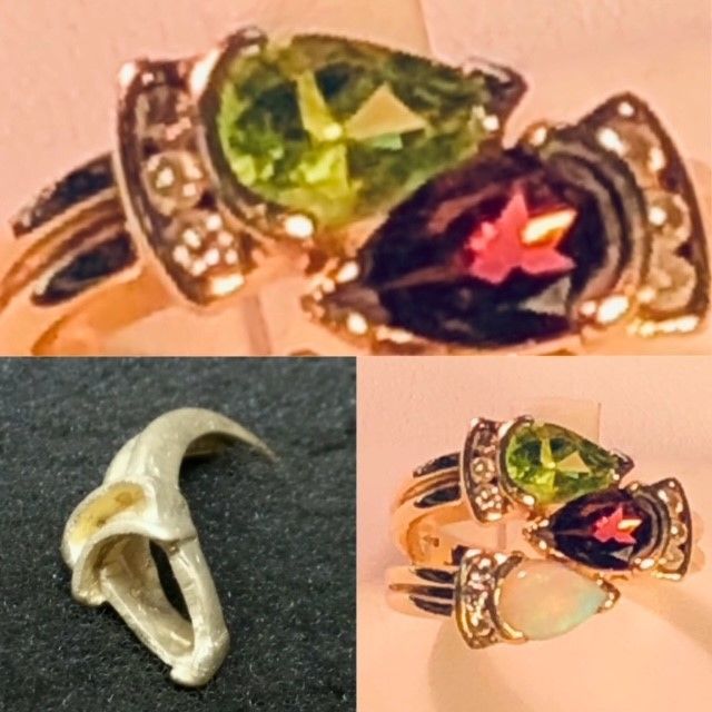 Vintage ring with green and purple gemstones, shown in close-up and multiple views