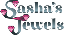 Logo for Sasha’s Jewels with gray script and pink diamond accents on a white background