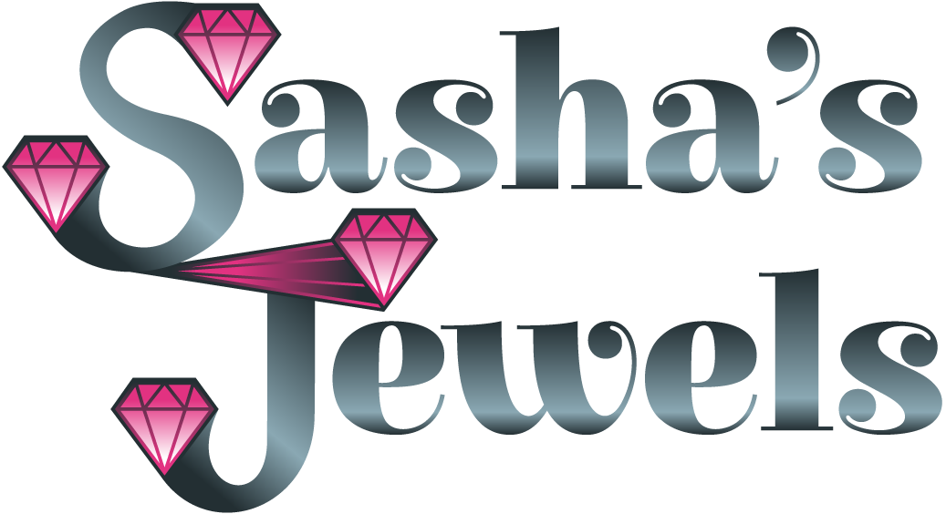 Logo for Sasha’s Jewels with gray script and pink diamond accents on a white background