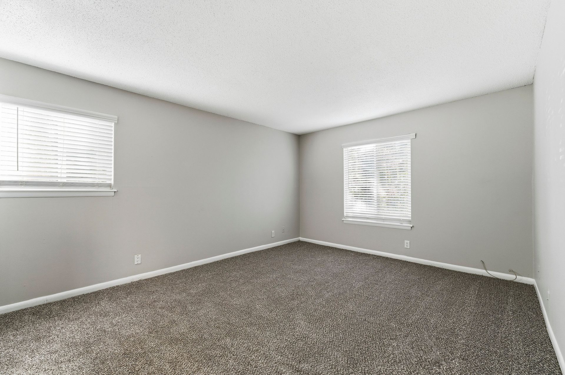 Empty gray carpeted room with two windows and white trim