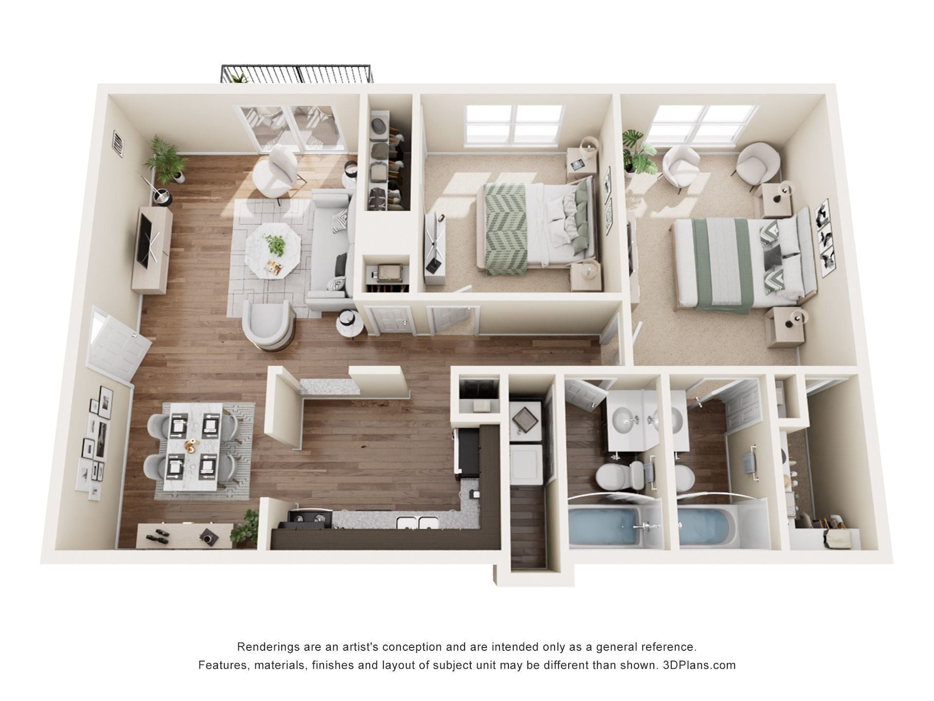 3D apartment floor plan with open kitchen, living room, two bedrooms, and two bathrooms