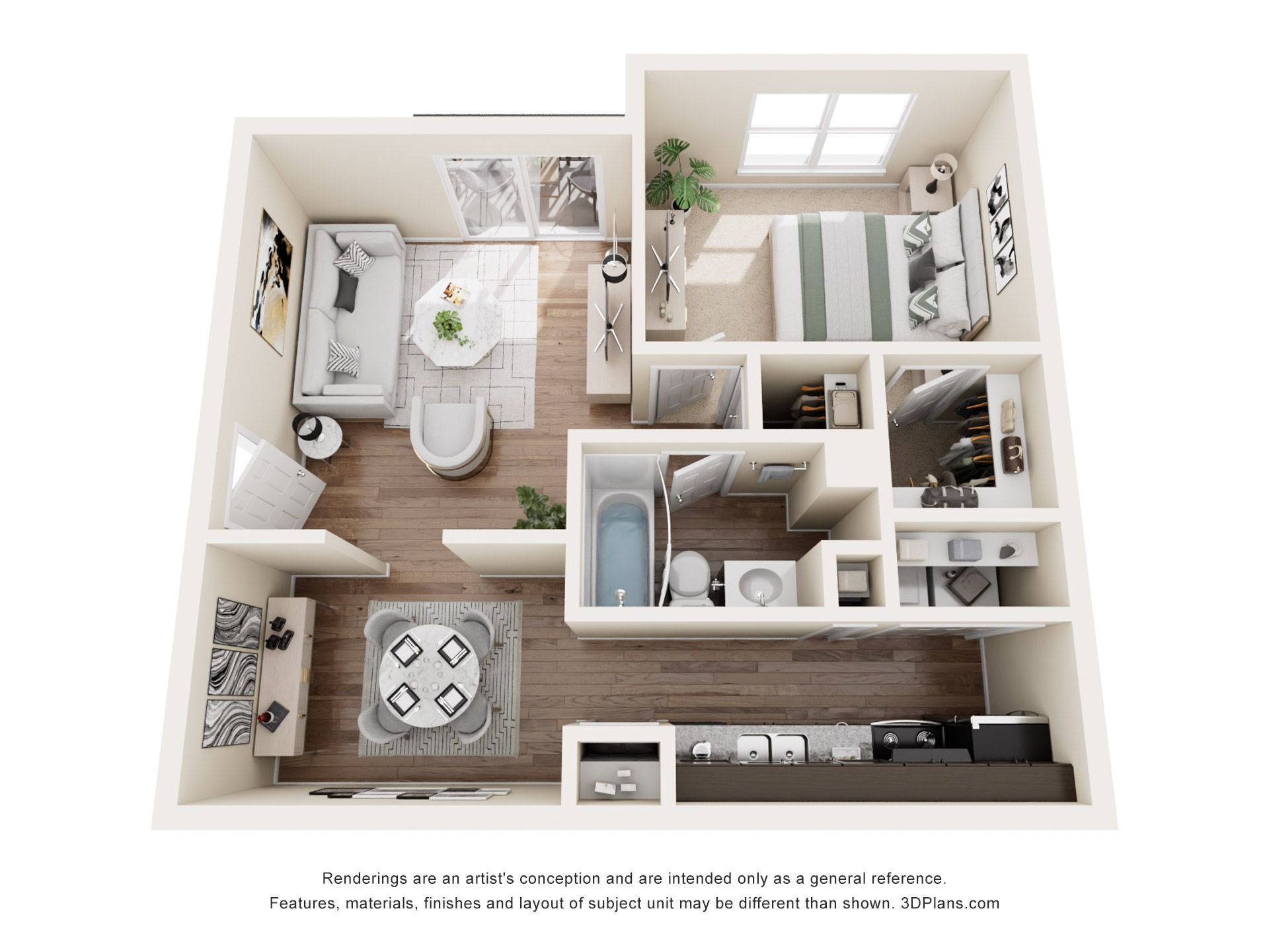 Top-down view of a modern apartment floor plan with living room, kitchen, bedroom, bathroom, and balcony.