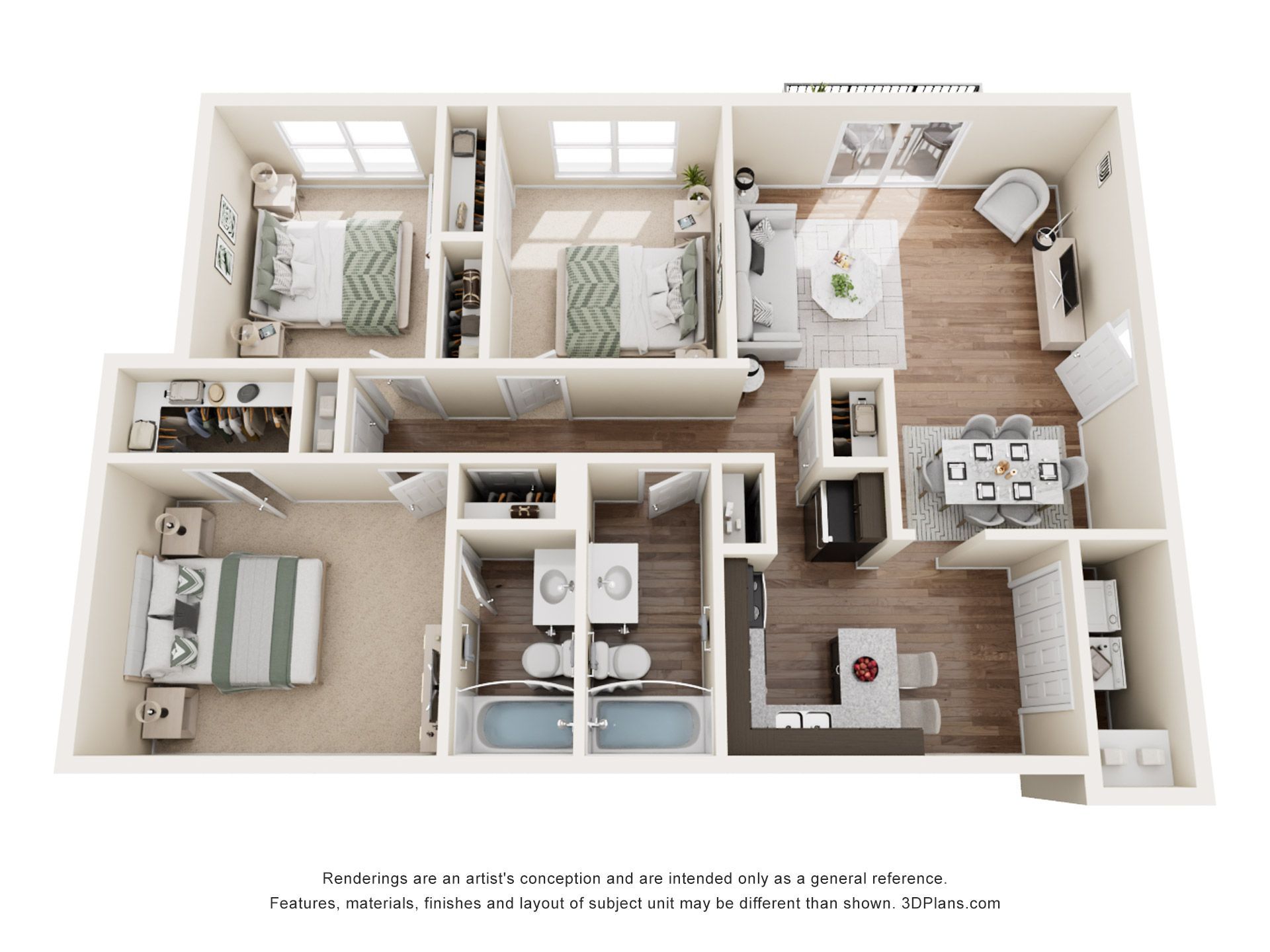 3D floor plan of a furnished 3-bedroom apartment with living room, kitchen, and two bathrooms