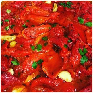 A close up of homemade roasted red peppers
