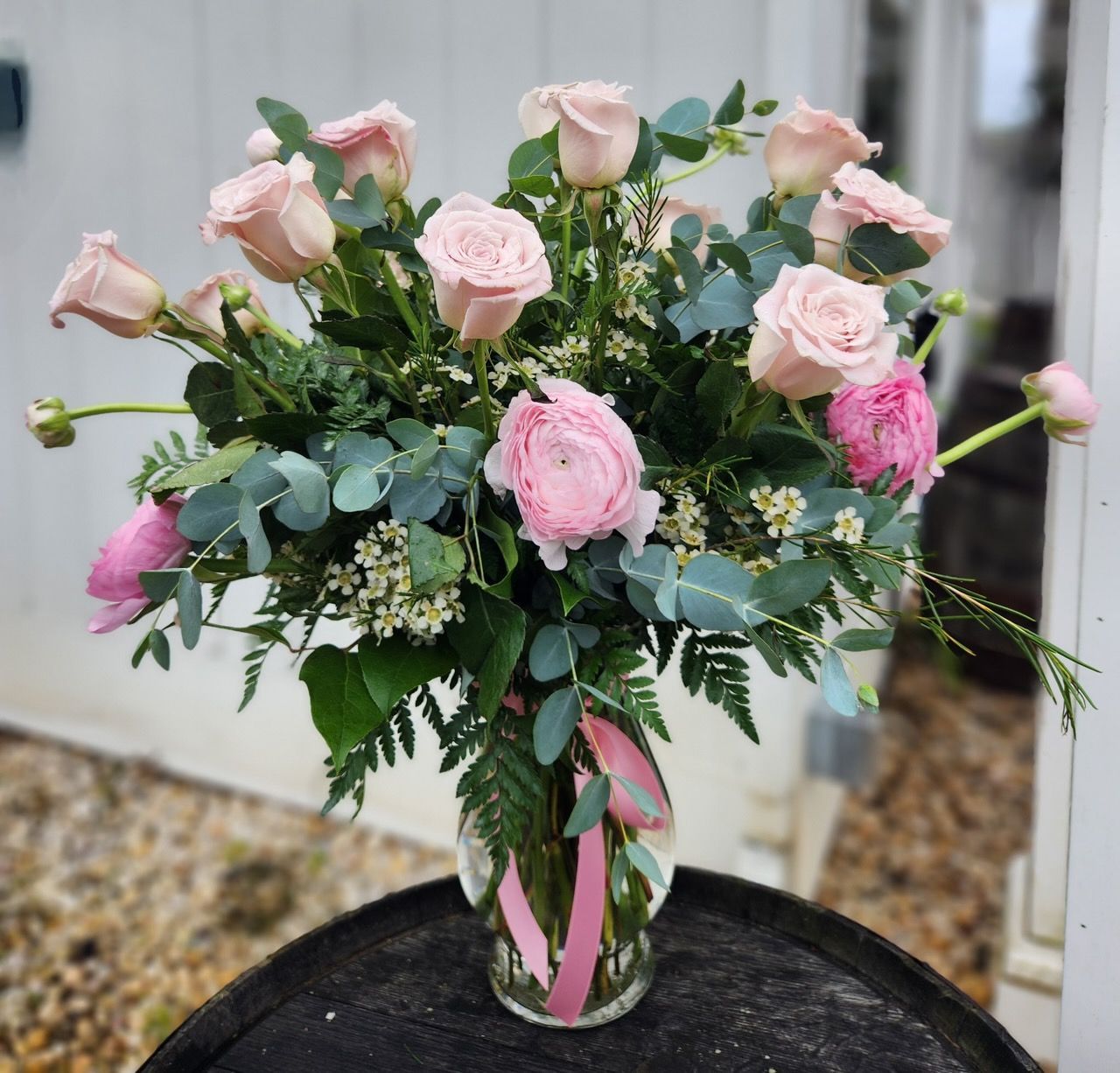 One Dozen Blush Roses with Pink Ranunculus
