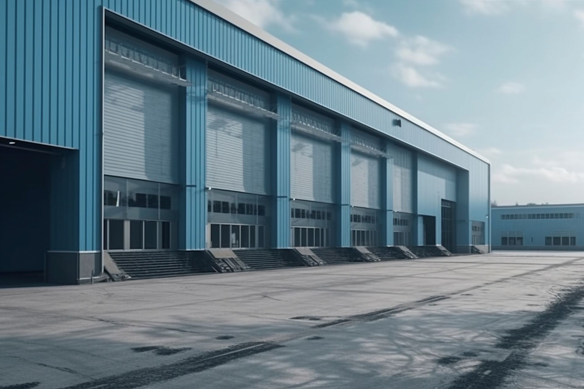 Un grand entrepôt bleu avec beaucoup de portes et beaucoup de places de parking.