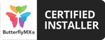 ButterflyMX Certified Installer logo. Colorful butterfly logo with company name, text on black.