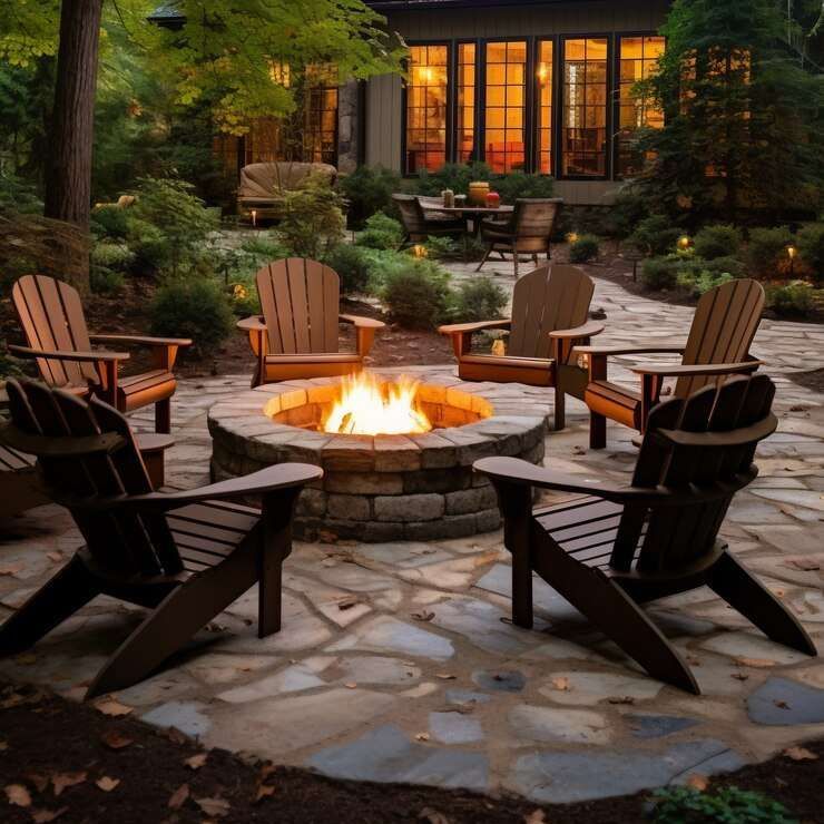 A fire pit is surrounded by chairs and a house in the background
