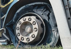 Damaged truck wheel and tire, shredded around the rim on pavement and grass