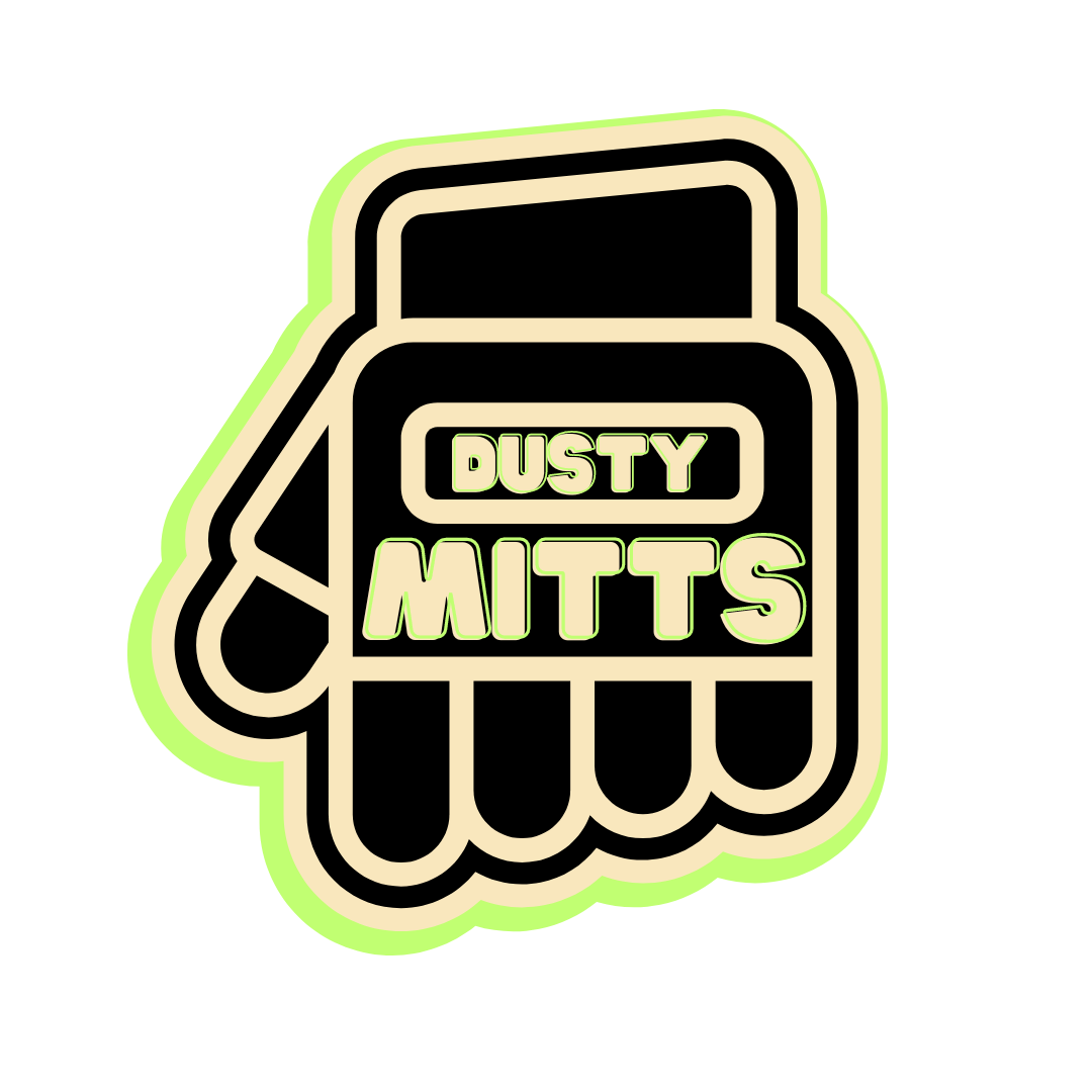 A sticker of a hand with the words dusty mitts on it.
