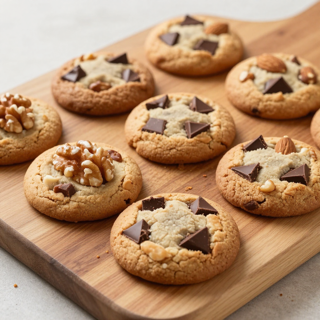 Six decorated cookies on a wooden board, topped with chocolate stars and nuts.