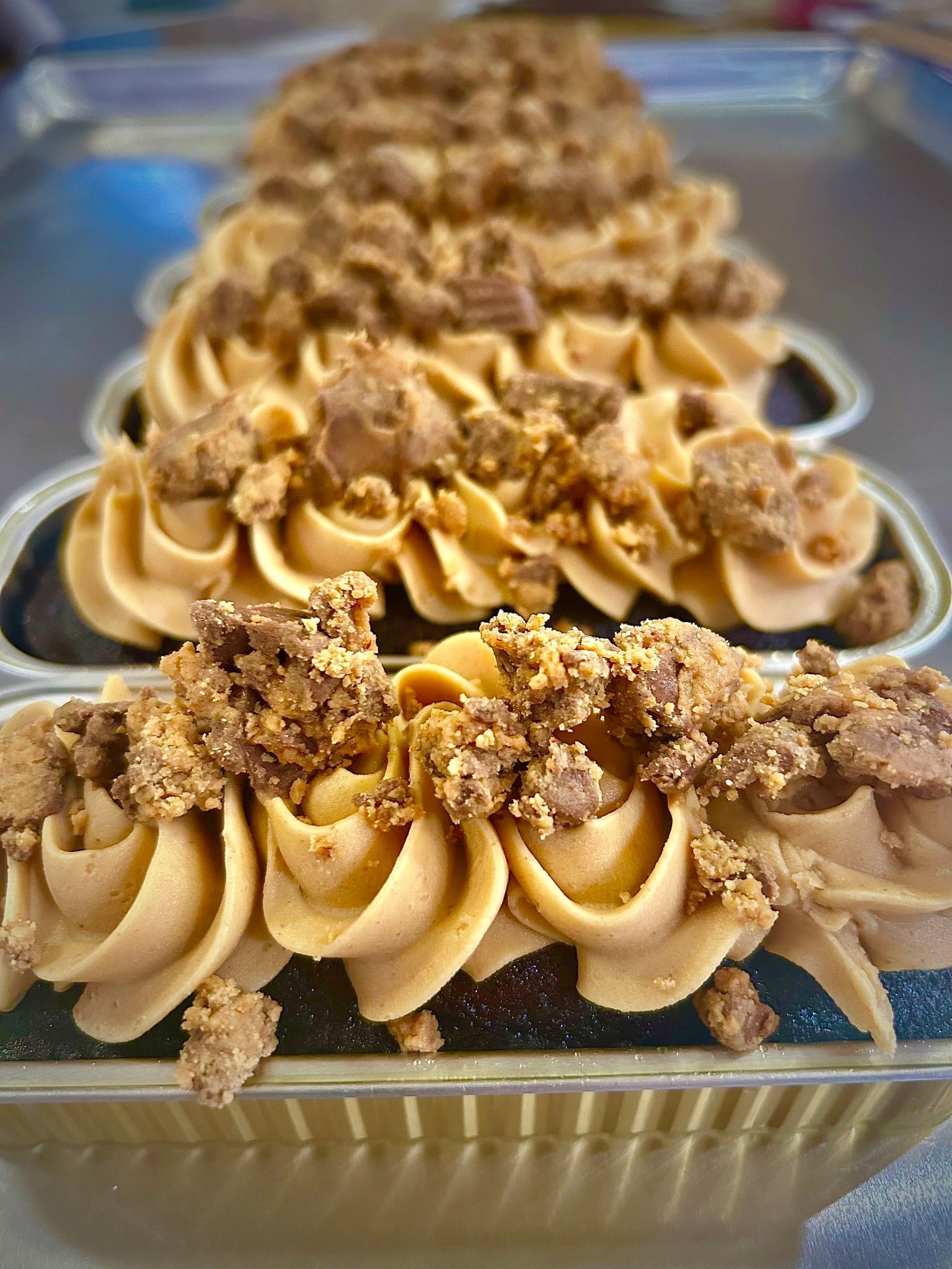 Chocolate desserts topped with swirls of cream and cookie crumbs in a row on a tray