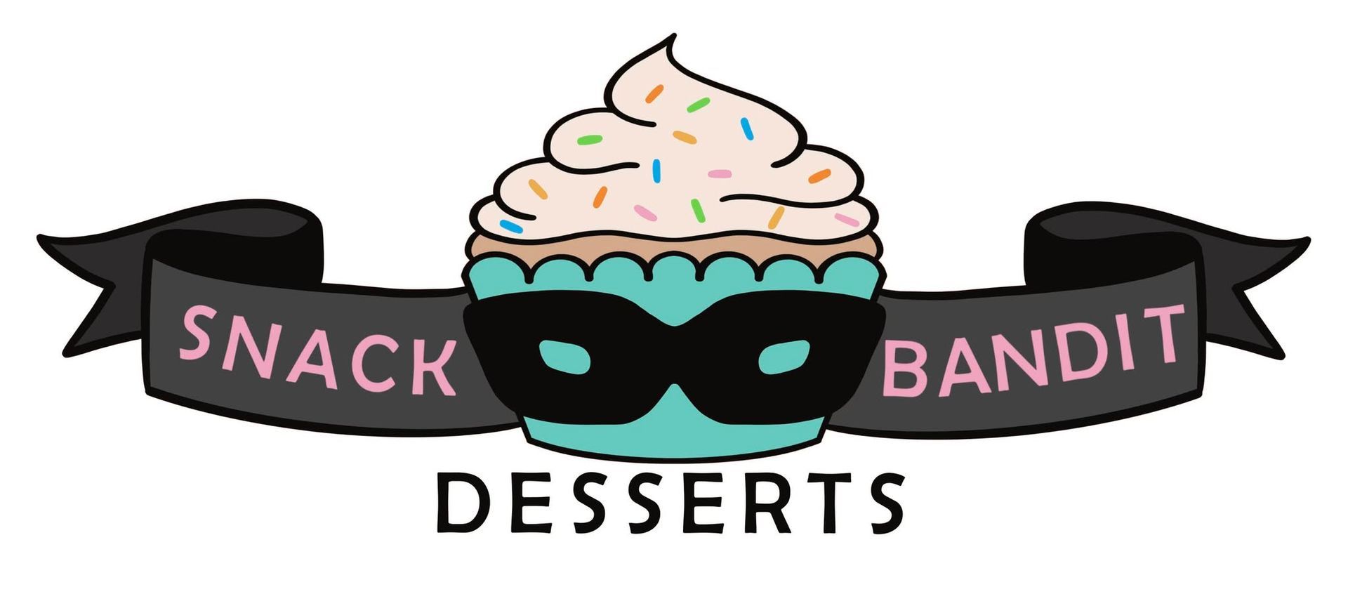 Snack Bandit Desserts logo with a cupcake on a black ribbon and pink lettering