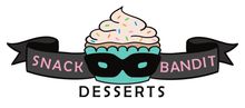 Snack Bandit Desserts logo with a cupcake on a black ribbon and pink lettering