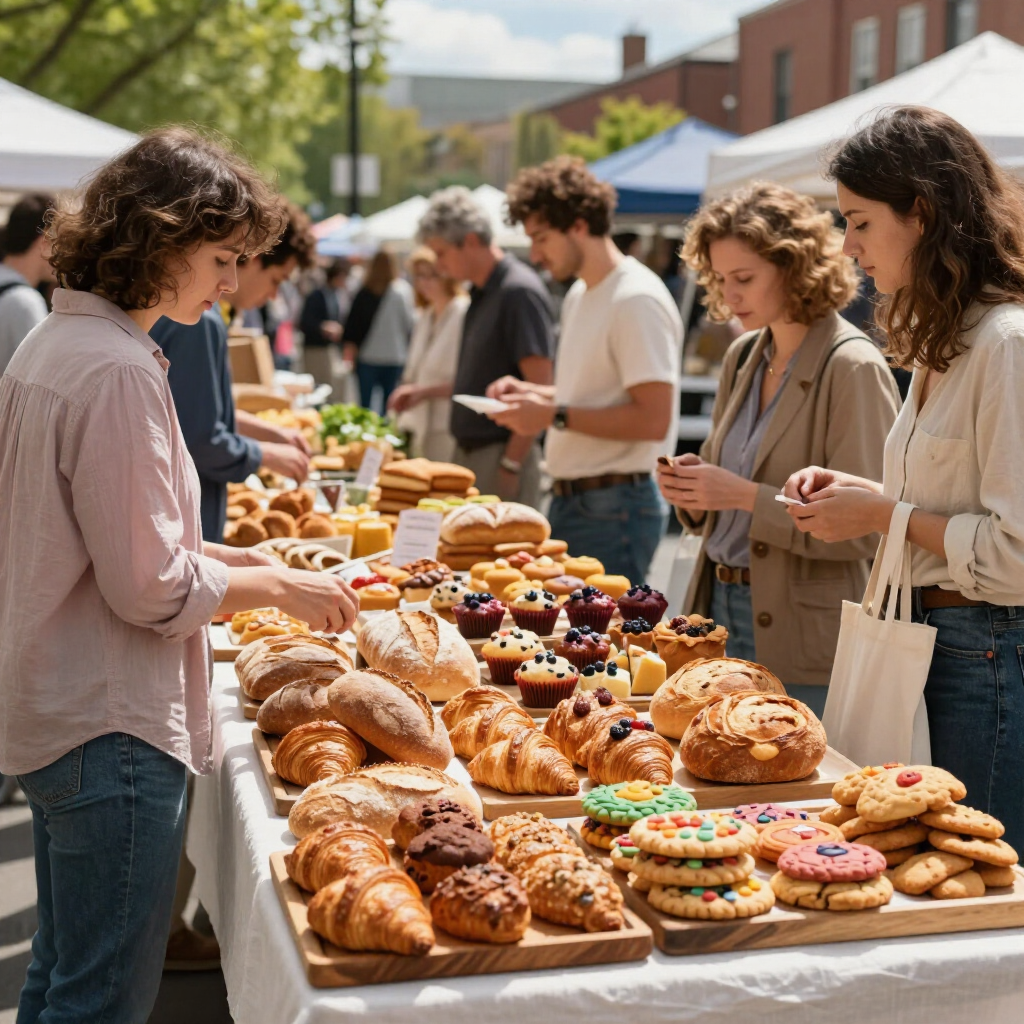 People browsing pastries at an outdoor market stall with assorted breads, donuts, and cookies.