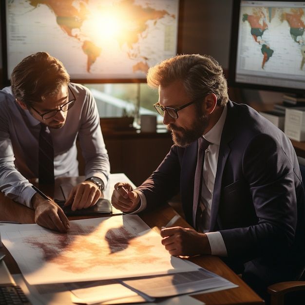 Two men are sitting at a table looking at a map of the world.