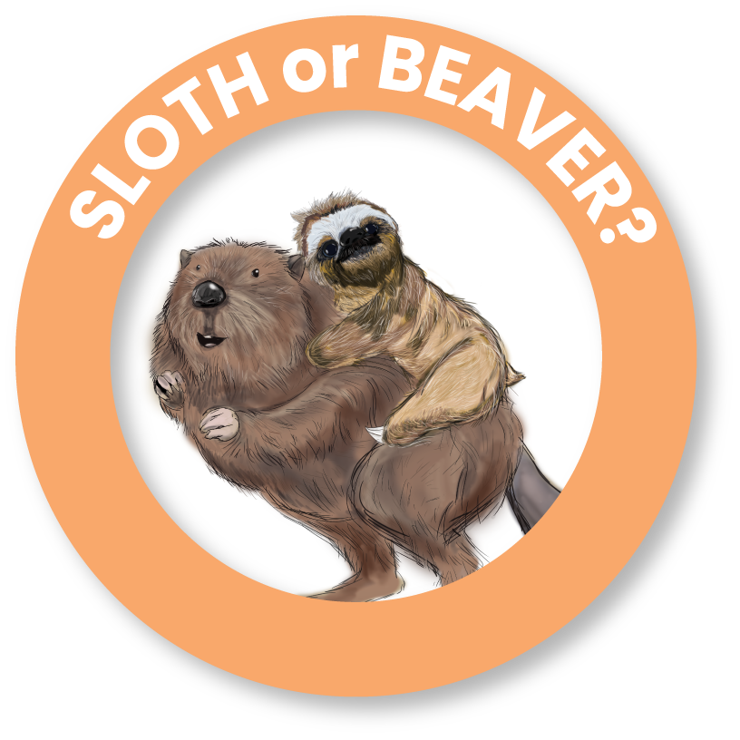 A sloth riding on the back of a beaver within a circular orange frame with the text