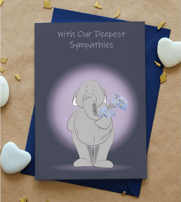 A sympathy card features a cartoon elephant holding blue flowers against a purple spotlight on a dark background.
