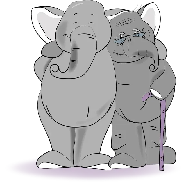 A cartoon illustration of two gray elephants standing side by side, one leaning on the other for support with a cane.