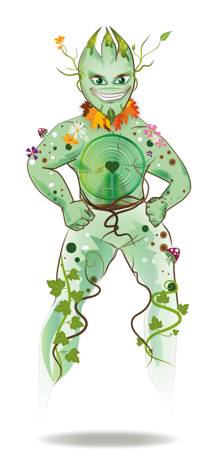 A light-green, humanoid plant creature with floral accents and a circular glowing emblem on its chest, posing confidently.