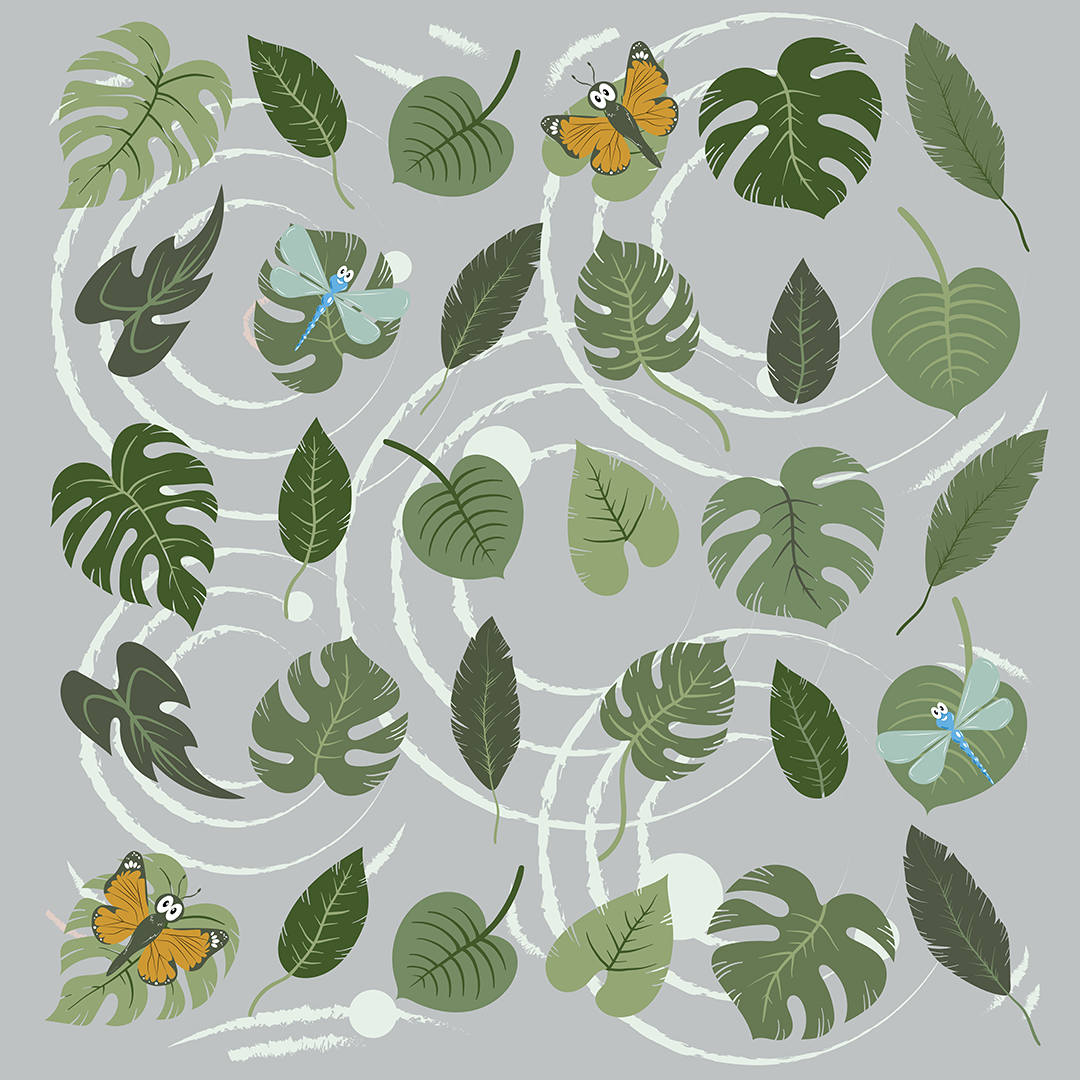 Pattern of various green tropical leaves, two orange butterflies, and two dragonflies on a light gray background.
