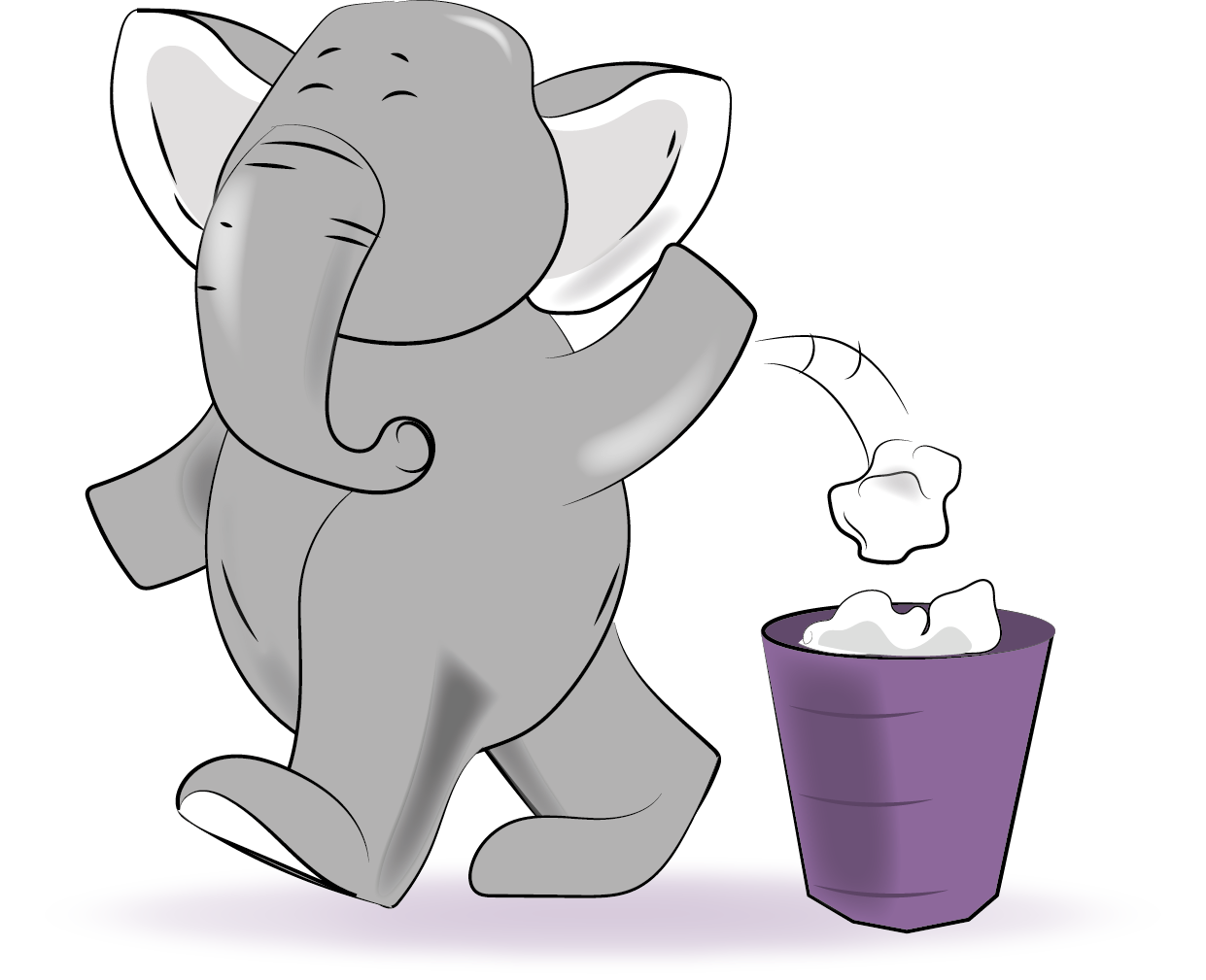 A cartoon gray elephant is putting a piece of crumpled white paper into a purple wastebasket.