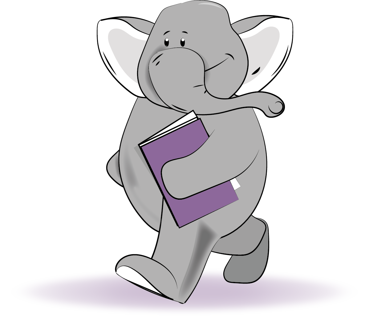 A friendly, illustrated gray elephant walking and carrying a purple book.