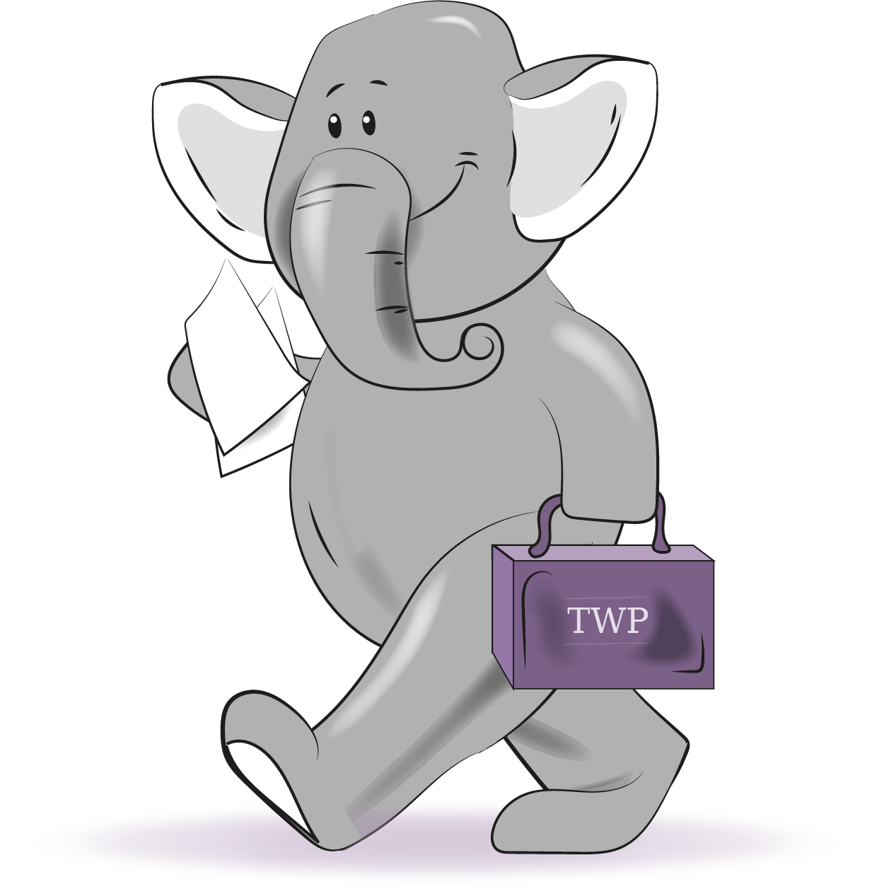 A cartoon gray elephant walking while carrying a white paper and a purple briefcase labeled 