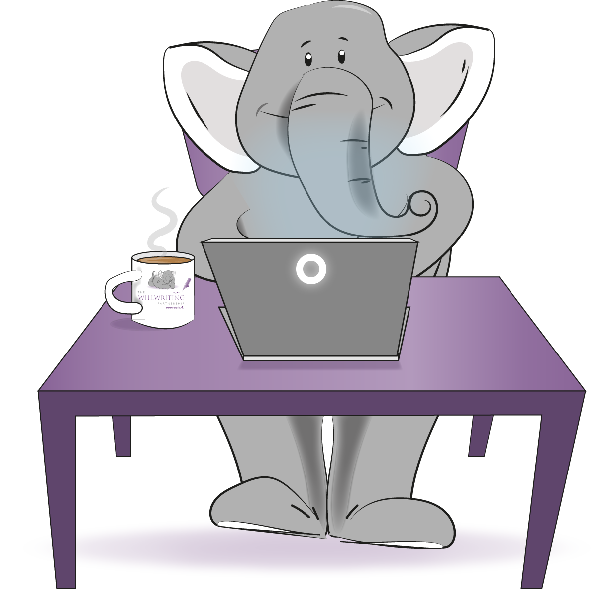 A gray cartoon elephant sits at a purple table, using a laptop with a mug of coffee beside it.