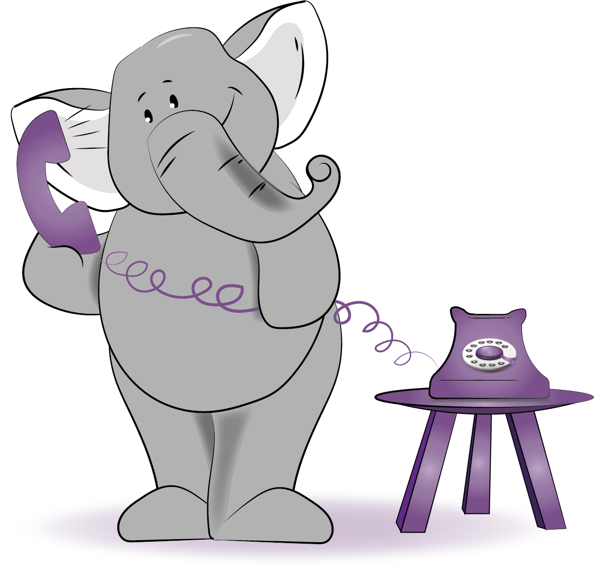 A gray cartoon elephant standing and talking on a purple telephone that sits on a matching purple side table.