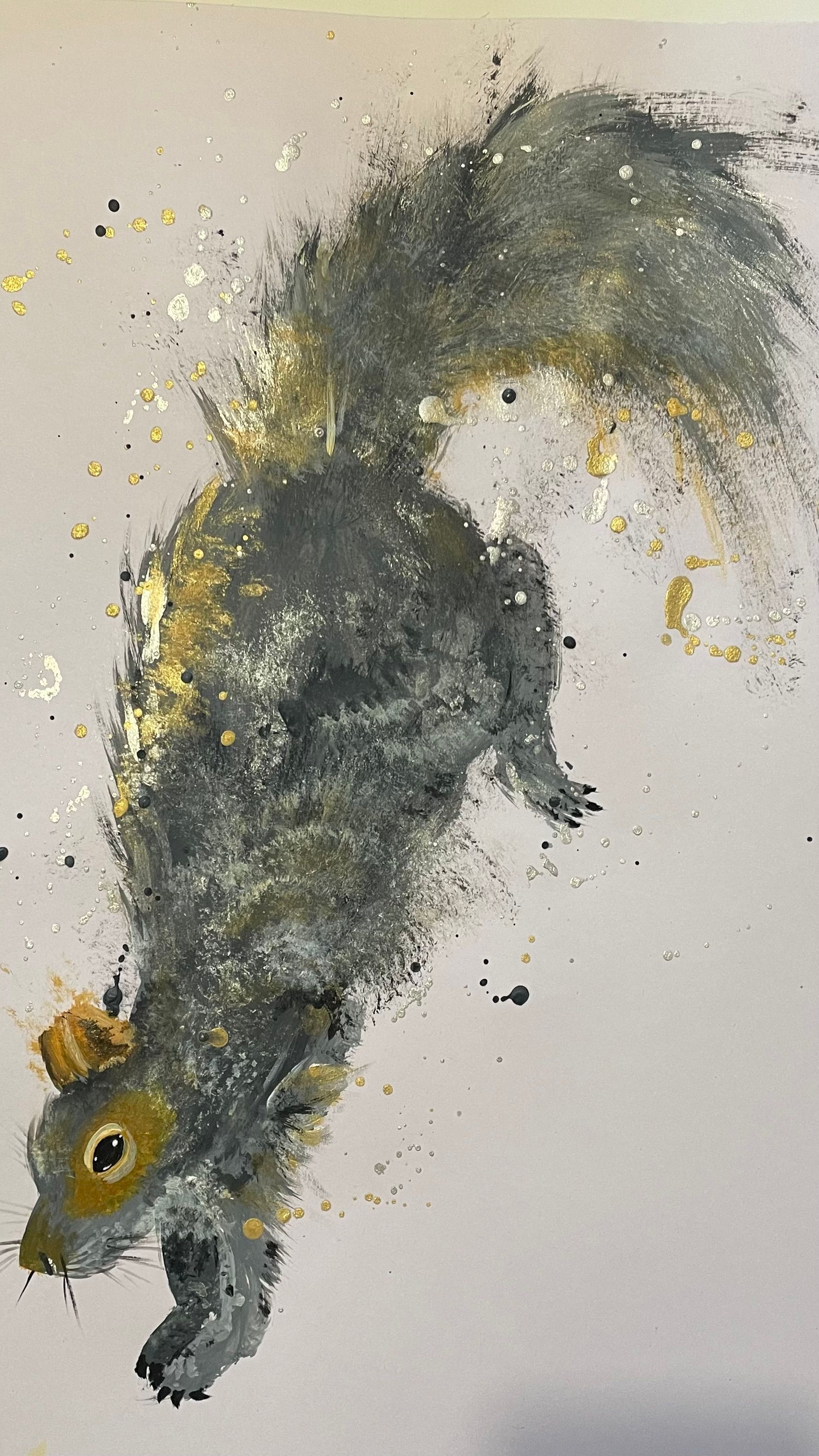 A painting of a squirrel with a leaping, with grey and gold fur on a white background