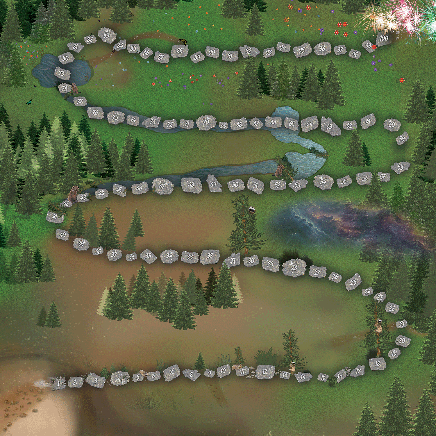 A path of grey, stone-like squares winds across a green, forest landscape with scattered ponds and trees.