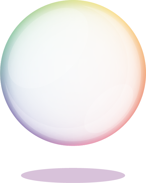 A large, smooth, white orb with a subtle iridescent, rainbow-colored rim, casting a soft purple shadow below.