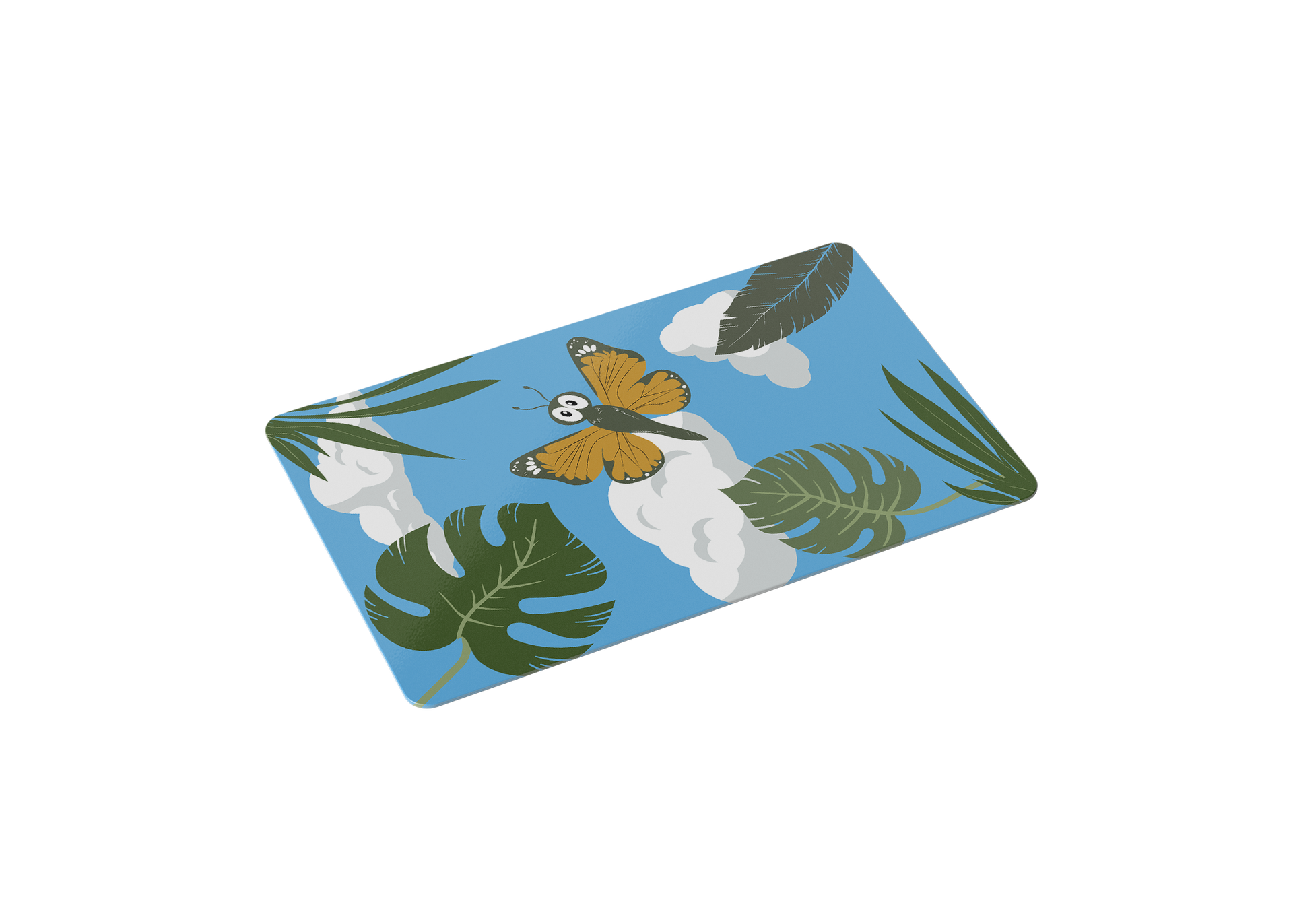 A rectangular blue mat patterned with white clouds, green tropical leaves, and a central orange butterfly.