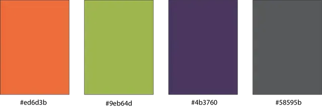 A color palette containing four vertical rectangles: orange, lime green, deep purple, and charcoal grey, with hex codes below.