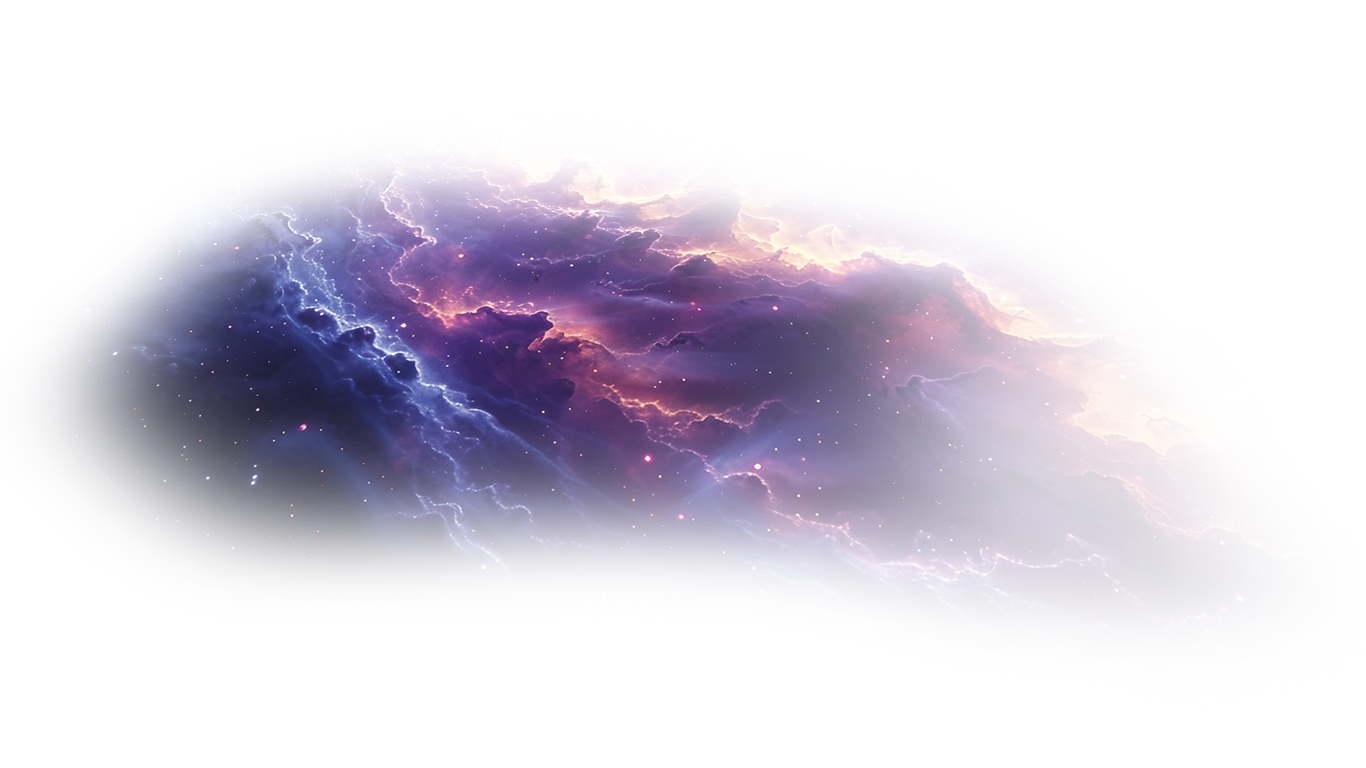 A celestial nebula with swirling purple, pink, and deep blue clouds illuminated by glowing stardust against a black void.