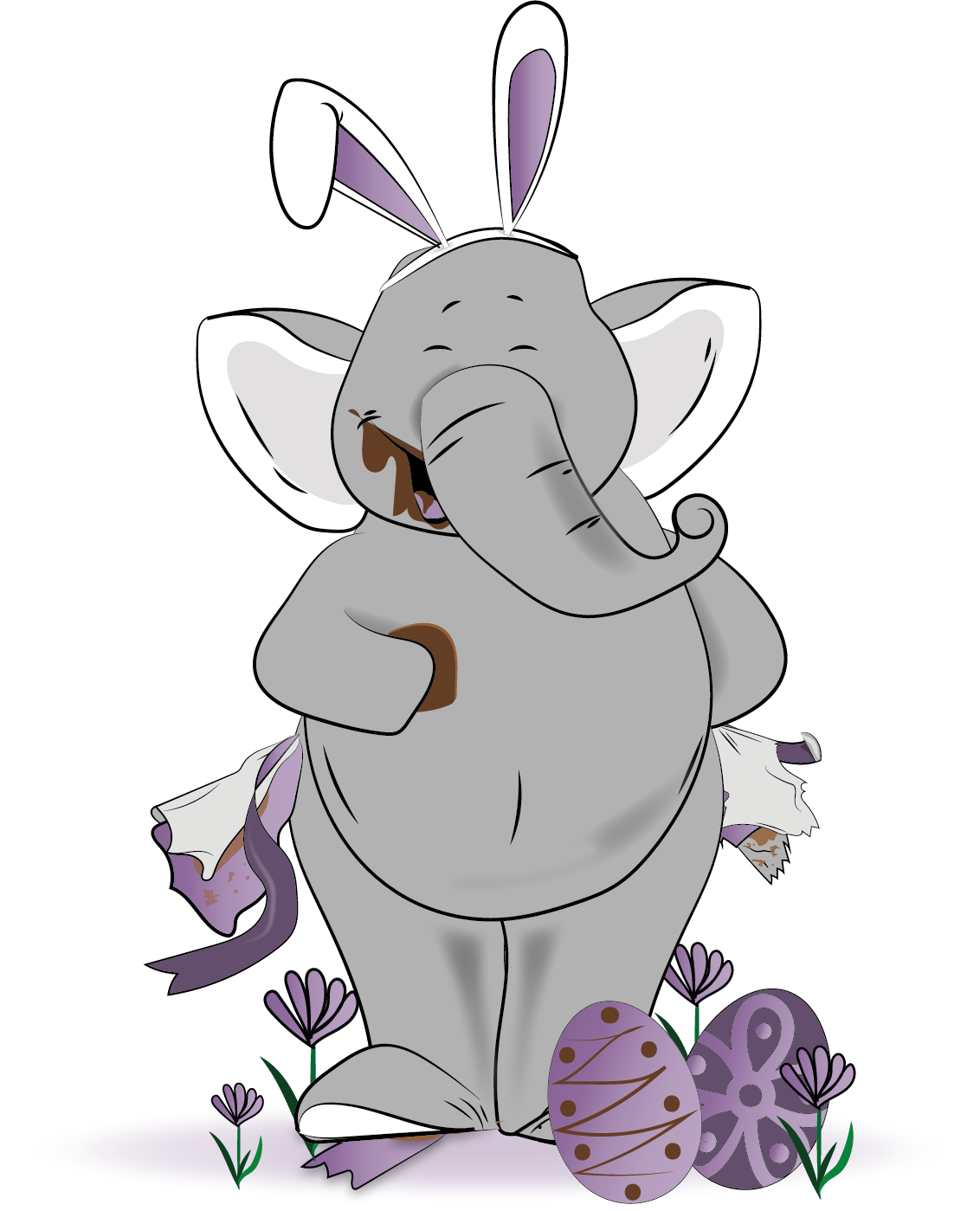 A cartoon elephant wearing bunny ears, standing with decorated purple Easter eggs in a patch of flowers.