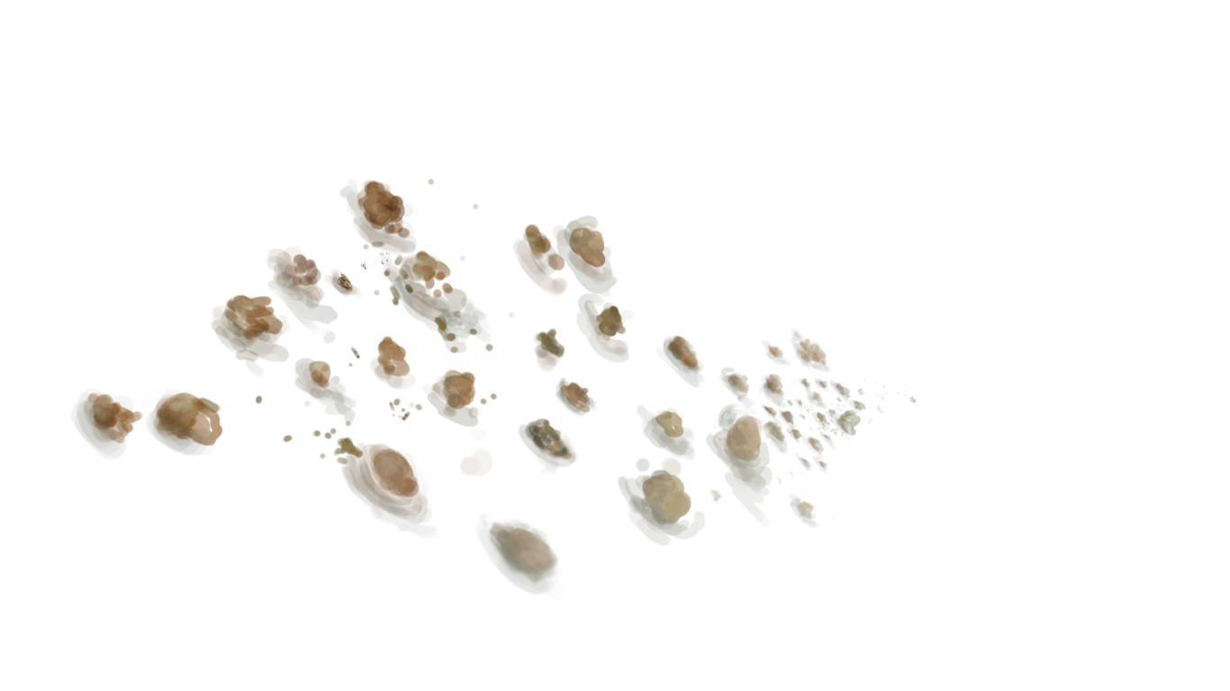 A scattered group of small, light brown pebbles or coarse sand particles against a white background.