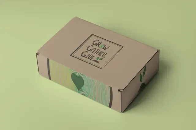 A tan shipping box with the logo 
