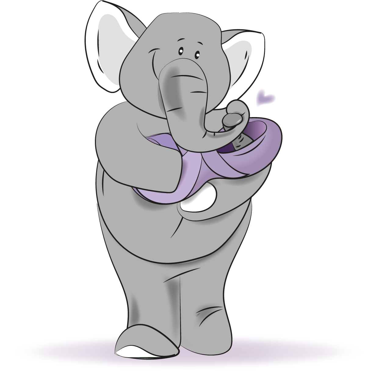 A grey elephant tenderly holds a small baby elephant wrapped in a purple blanket, with a small heart icon nearby.