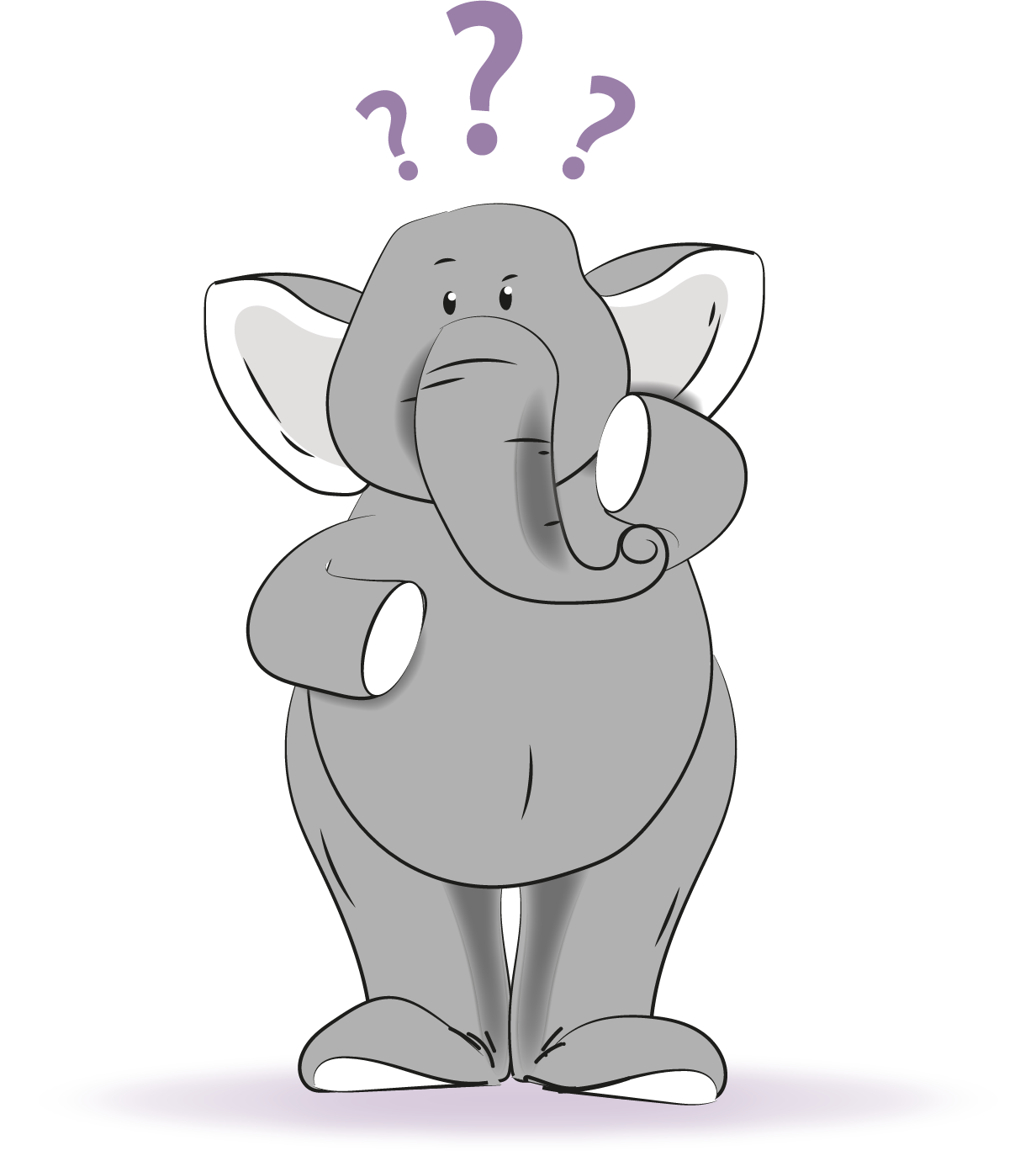 A cartoon elephant standing with a puzzled expression and three question marks floating above its head.