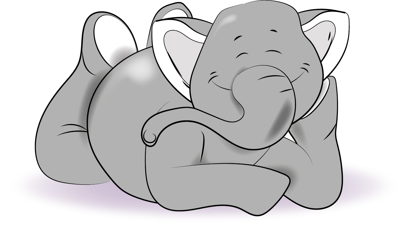 A cartoon elephant lying down and resting its head on its hand with a peaceful, content expression.