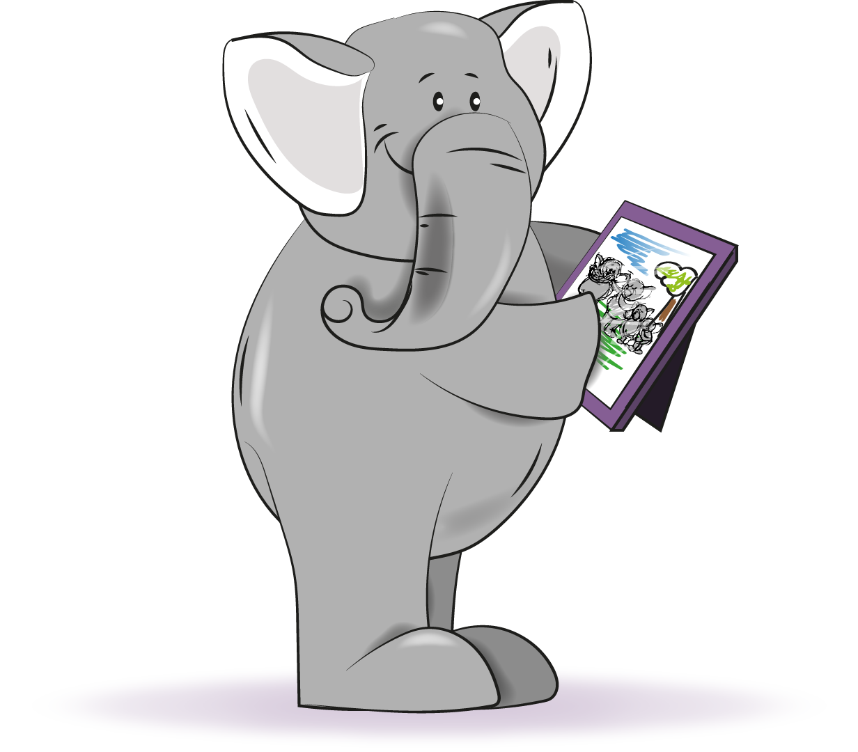 A cartoon elephant stands and holds a small purple-framed picture of a forest scene.